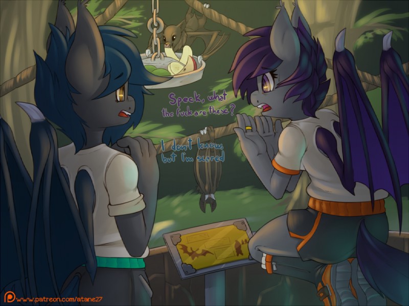 anthro apple banana dialogue digit_ring duo female food fruit jewelry patreon_logo pear plant plantigrade ring text wedding_ring worried atane27 hasbro my_little_pony patreon fan_character nolegs_(oc) speck_(nukepone) bat bat_pony equid equine horse mammal pony digital_media_(artwork) english_text shaded url