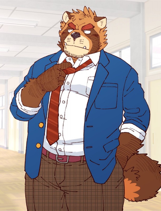 anthro bottomwear clothed clothing fully_clothed humanoid_hands male necktie pants shirt slightly_chubby solo topwear ryuta-h canid canine mammal raccoon_dog tanuki 2018 hi_res