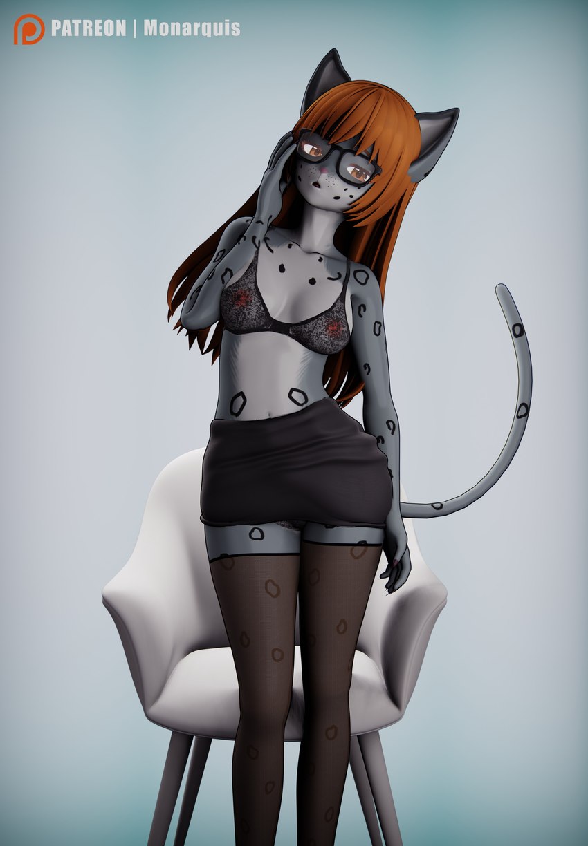 anthro bra breasts business_suit chair clothing company eyewear female furniture glasses hair legwear nipples office_lady panties pose red_hair secretary_outfit simple_background solo stockings suit underwear monarquis momo_(monarquis) felid mammal pantherine snow_leopard 3d_(artwork) absurd_res digital_media_(artwork) hi_res pinup