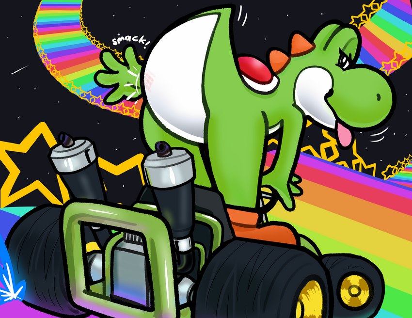 anthro butt butt_slap featureless_crotch female kart presenting presenting_hindquarters rainbow_road slap slapping_own_butt slapping_self solo spanking taunting vehicle dubindore mario_bros mario_kart nintendo dinosaur green_yoshi prehistoric_species reptile scalie yoshi absurd_res hi_res