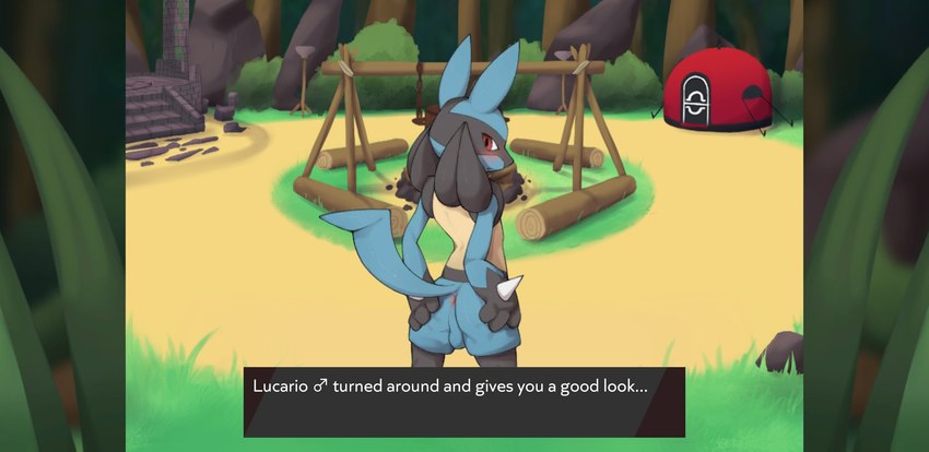 anus balls blush fur genitals looking_at_viewer male raised_tail red_eyes solo tail text naika nintendo pocket_campfire pokemon generation_4_pokemon lucario pokemon_(species) english_text hi_res