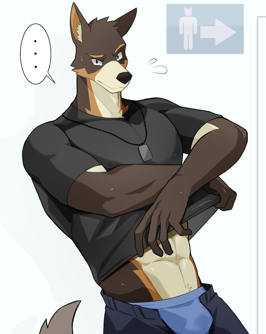 anthro black_clothing black_shirt black_topwear bottomwear bulge clothed clothing dog_tags ellipsis eyebrows looking_at_viewer male multicolored_body muscular muscular_anthro muscular_male open_bottomwear open_clothing open_topwear pants raised_clothing raised_eyebrow raised_shirt raised_topwear shirt sign solo stare topwear uncomfortable underwear takochinki canid canine canis domestic_dog mammal 2023 digital_media_(artwork) hi_res