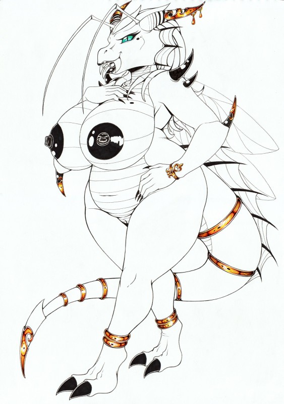 antennae_(anatomy) anthro areola big_breasts blue_eyes bracelet breasts curvy_figure fangs female genitals heart_symbol horn jewelry nipples nude pupils pussy slightly_chubby slit_pupils solo tail teeth thick_thighs voluptuous wide_hips longinius mythology alien breeder_(species) dragon mythological_creature mythological_scalie scalie absurd_res hi_res line_art pen_(artwork) spot_color traditional_media_(artwork)