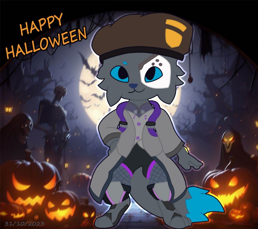 anthro clothing costume halloween_costume halloween_decoration holidays male solo halloween moira_(overwatch) canid canine canis felid feline lynx mammal wolf hi_res