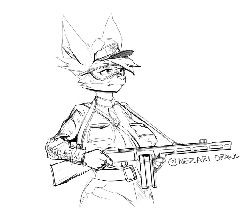 5_fingers anthro big_breasts breasts clothed clothing crossgender eyewear female fingers goggles gun hat headgear headwear looking_away mascot military ppsh-41 ranged_weapon simple_background soldier solo submachine_gun trigger_discipline uniform warrior weapon white_background nezari fifa zabivaka canid canine canis mammal wolf black_and_white hi_res monochrome sketch