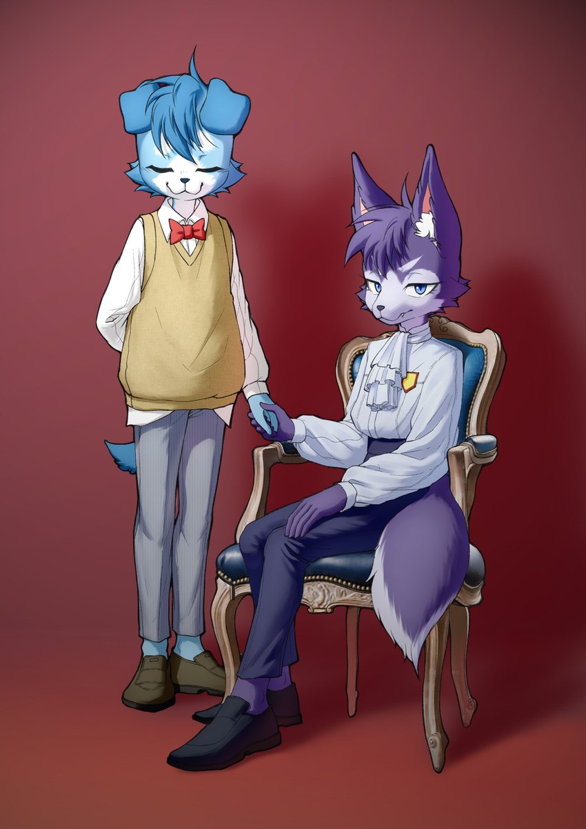 anthro biped black_nose blue_body blue_eyes blue_fur blue_hair bottomwear chair clothing duo eyes_closed fangs female footwear fur furniture hair hand_holding inner_ear_fluff kemono looking_at_viewer male multicolored_body multicolored_fur narrowed_eyes on_chair pants pink_inner_ear purple_body purple_fur purple_hair shoes sitting sitting_on_chair teeth topwear tuft two_tone_body two_tone_fur vest white_body white_fur white_inner_ear_fluff ffjjfjci hai_na_chuan_(ffjjfjci) richard_(ffjjfjci) canid canine canis domestic_dog mammal 2021 hi_res male_(lore)