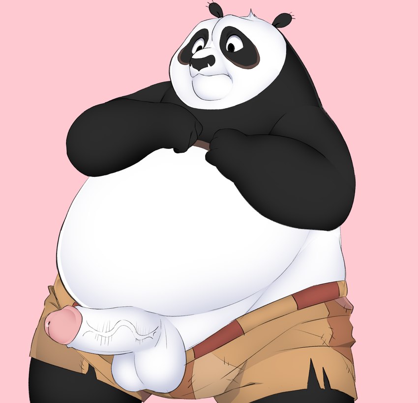 anthro balls belly bodily_fluids bottomwear bottomwear_down clothed clothing erection genital_fluids genitals male overweight overweight_male pants pants_down partially_clothed penis precum solo hypnokoo dreamworks kung_fu_panda master_po_ping bear giant_panda mammal hi_res