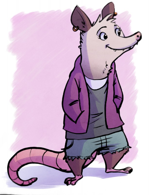 anthro barefoot biped bottomwear clothed clothing denim denim_clothing ear_piercing feet female hand_in_pocket hands_in_both_pockets piercing pockets sharp_teeth shorts smile solo standing teeth fuel_(artist) zelda_(fuel) american_opossum mammal marsupial virginia_opossum 2017 hi_res