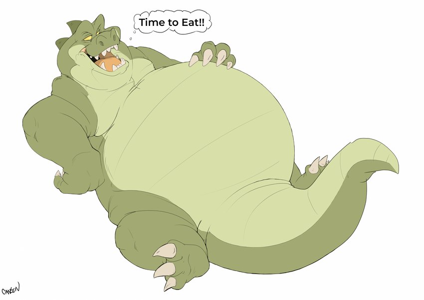 anthro belly big_belly eating hand_on_belly male overweight overweight_anthro overweight_male solo thought_bubble canson alligator alligatorid crocodilian reptile scalie hi_res