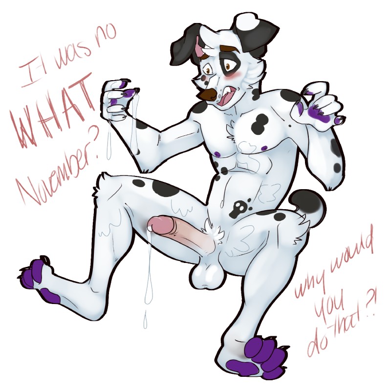 after_masturbation after_sex anthro black_body black_fur black_spots blush bodily_fluids caught_in_the_act cum embarrassed feet fur genital_fluids genitals holidays humanoid_genitalia humanoid_penis humor joke male markings pawpads penis pubes purple_pawpads solo spots spotted_body spotted_fur surprise text toes white_body white_fur fisis no_nut_november dogbert canid canine canis dalmatian domestic_dog mammal 1:1 hi_res meme