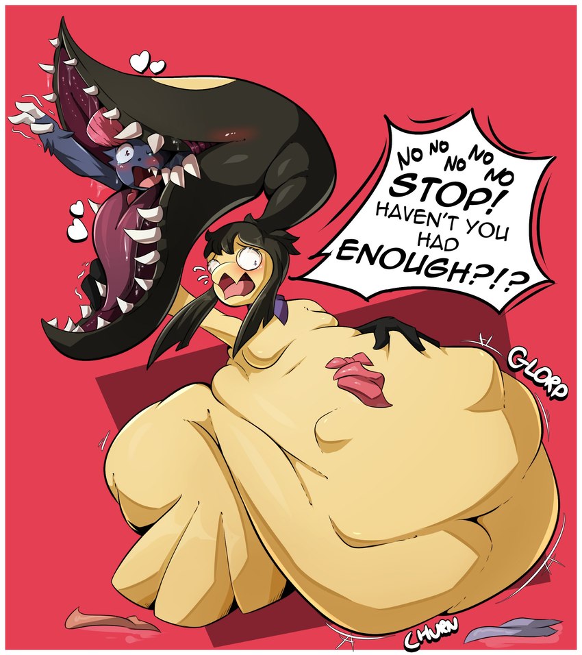 ambiguous_gender anthro belly big_belly big_butt border breasts butt death dialogue duo eating fangs female hand_on_belly heart_symbol huge_belly huge_butt hyper hyper_belly motion_lines multiple_prey open_mouth oral_vore sharp_teeth sound_effects speech_bubble teeth text thick_thighs unwilling_pred vore white_border wide_eyed veryfilthything nintendo pokemon generation_3_pokemon generation_4_pokemon humanoid mawile pokemon_(species) weavile absurd_res hi_res