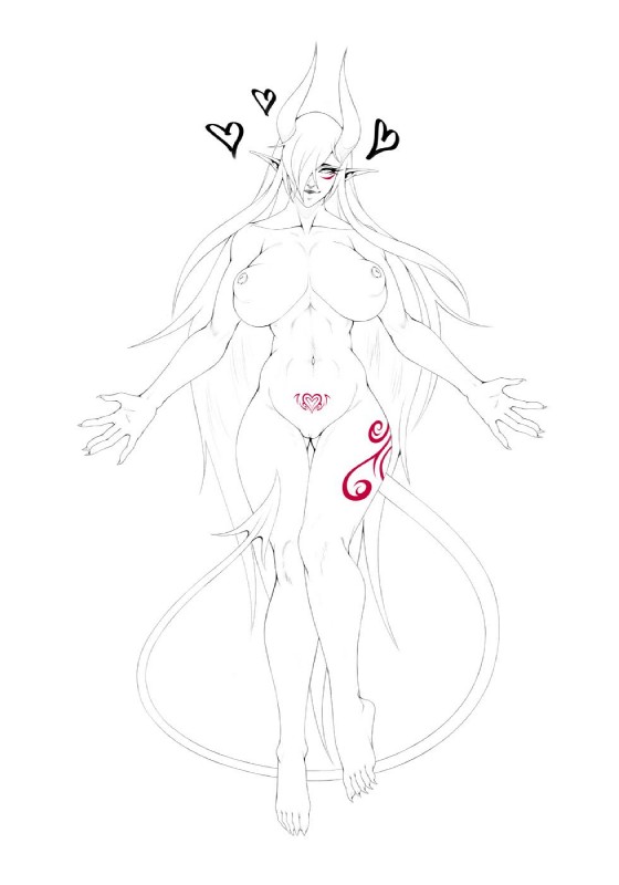 big_breasts breasts female genitals hair heart_symbol horn humanoid_pointy_ears long_hair nipples not_furry nude pointy_ears puffy_nipples pussy simple_background solo spade_tail tail tattoo white_background womb_tattoo urw ingrid_(urw) demon humanoid 2019 hi_res line_art monochrome