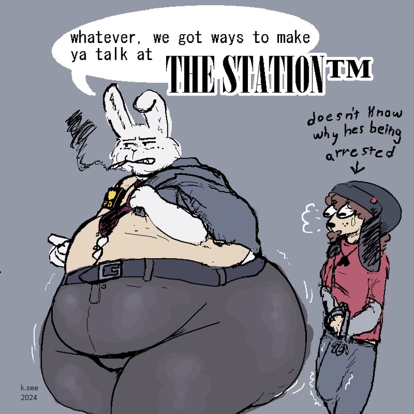 anthro badge beanie belly big_belly big_butt big_penis biped bodily_fluids bottomwear bulge butt butt_jiggle cellulite cigarette cigarette_in_mouth clothing curled_hair detailed_bulge duo erection erection_under_clothing genital_outline genitals grey_sweatpants hair hat headgear headwear hyper_pear jiggling male male/male male_anthro middle_aged motion_lines obese obese_anthro obese_male object_in_mouth overweight overweight_anthro overweight_male pants pear-shaped_figure penis penis_outline police police_badge police_officer size_difference smoking smoking_cigarette sweat sweatpants text thick_thighs wide_eyed wide_hips yuckyalternate ralph_(yuckyalternate) beagle canid canine canis domestic_dog hunting_dog lagomorph leporid mammal rabbit scent_hound 1:1 2024 digital_drawing_(artwork) digital_media_(artwork) english_text hi_res