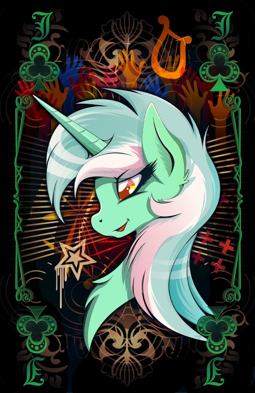 card card_template clubs_(suit) female green_hair hair horn jack_of_clubs lyre musical_instrument playing_card playing_card_template plucked_string_instrument solo string_instrument suit_symbol rariedash friendship_is_magic hasbro my_little_pony mythology lyra_heartstrings_(mlp) equid equine mammal mythological_creature mythological_equine unicorn 2015 bust_portrait hi_res portrait