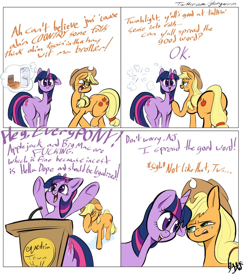 4-panel autism bean bean_(legume) dialogue duo female feral food fruit horn implied_incest legume mental_illness milk milk_carton orange_body plant purple_body quadruped silly vulgar vulgarity gloryworm friendship_is_magic hasbro my_little_pony mythology applejack_(mlp) twilight_sparkle_(mlp) earth_pony equid equine horse mammal mythological_creature mythological_equine pony unicorn absurd_res comic hi_res