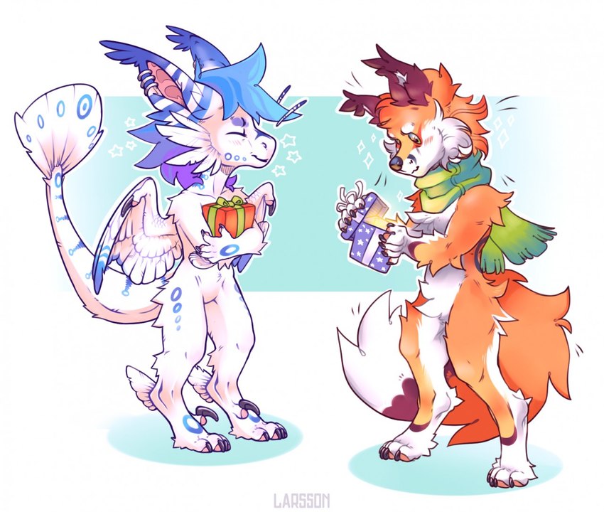 anthro blush duo featureless_crotch fluffy fluffy_tail fur gift scarf smile standing tail kira_larsson mythology canid canine dragon fox furred_dragon furred_scalie mammal mythological_creature mythological_scalie scalie