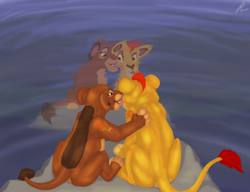 duo female feral lake lakeside lick_kiss licking male sad tongue tongue_out water young young_feral soulgryph disney the_lion_guard the_lion_king kion_(the_lion_guard) rani_(the_lion_guard) felid lion mammal pantherine digital_media_(artwork) hi_res