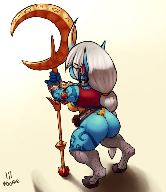 blue_body blue_skin bracelet breasts butt butt_floss clothing costume female hair holding_object hooves horn humanoid_pointy_ears jewelry not_furry pointy_ears rear_view short_stack simple_background solo staff standing tattoo thick_thighs white_hair lilmoonie league_of_legends riot_games tencent soraka horned_humanoid humanoid absurd_res hi_res