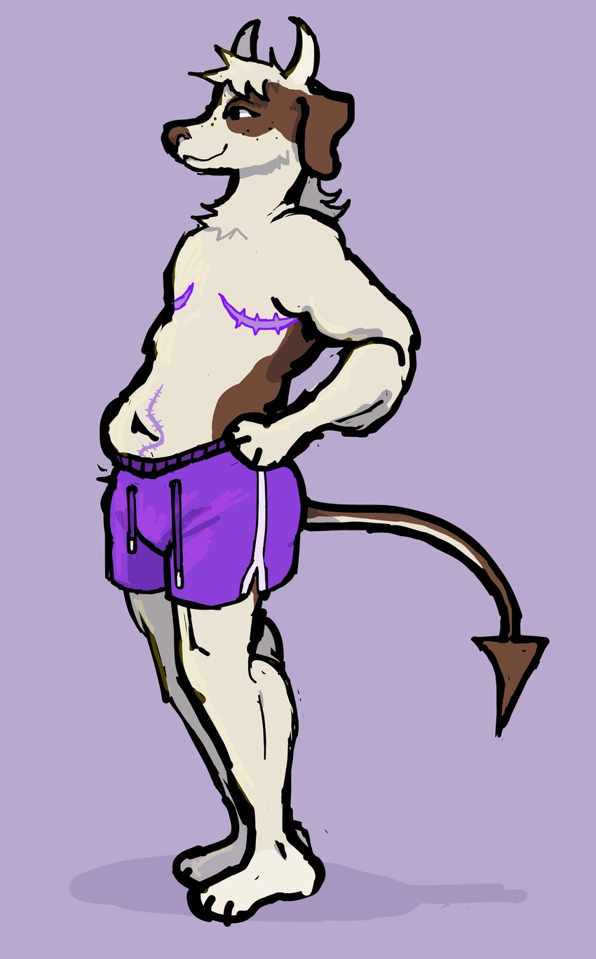 2_horns 3_toes abdominal_scar anthro barefoot black_eyes bottomwear brown_body brown_ears brown_fur brown_nose brown_tail chest_scar chest_tuft closed_smile clothing dolphin_shorts eyelashes feet floppy_ears freckled_face freckles fur hair hand_on_hip handpaw horn long_tail male medium_hair mouth_closed multicolored_body multicolored_fur navel paws pointed_tail purple_background purple_bottomwear purple_clothing purple_scar purple_shorts scar shorts side_view simple_background slightly_chubby slightly_chubby_anthro slightly_chubby_male smile solo standing tail toes tuft two_tone_body two_tone_fur two_tone_tail white_body white_fur white_hair white_horn white_tail flockdog canid canine canis demon domestic_dog hunting_dog jack_russell_terrier mammal terrier 2023 absurd_res colored digital_drawing_(artwork) digital_media_(artwork) hi_res shaded simple_shading trans_(lore) trans_man_(lore)