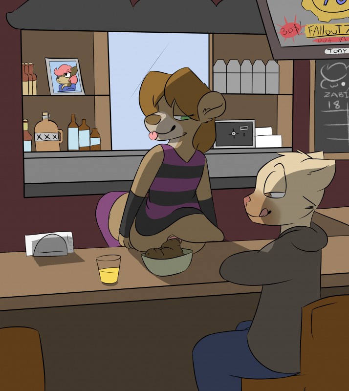 alcohol anthro armwear bar beverage butt clothing detailed_background duo feces femboy fur green_eyes hair legwear licking licking_lips looking_at_another looking_back male moonshine scatplay self_lick thigh_highs tongue tongue_out zadirtybish alondight domestic_cat felid feline felis mammal mustelid otter 2018 absurd_res digital_media_(artwork) hi_res signature