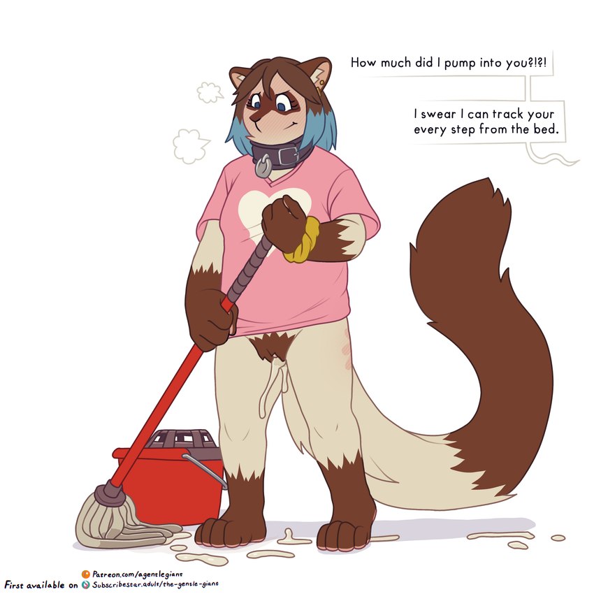 after_sex after_vaginal anthro biped blue_hair blushing_profusely bodily_fluids bottomless bottomless_anthro bottomless_female brown_body brown_fur brown_hair brown_pubes cleaning_tool clothed clothed_anthro clothed_female clothing collar collar_tag cum cum_drip cum_from_pussy cum_in_pussy cum_inside dialogue dripping female female_anthro fur genital_fluids gloves_(marking) hair hairy_pussy markings mop mopping mouth_closed multicolored_body multicolored_fur multicolored_hair offscreen_character plantigrade pubes rectangular_speech_bubble simple_background solo spank_marks speech_bubble talking_to_another talking_to_partner text two_tone_body two_tone_fur two_tone_hair white_background white_body white_fur the_gentle_giant hermia_idril domestic_cat felid feline felis mammal siamese 2024 digital_media_(artwork) english_text full-length_portrait hi_res portrait trans_(lore) trans_woman_(lore)