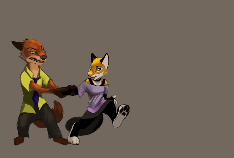 anthro clothed clothing countershading duo female fully_clothed male conditional_dnp latex_(artist) disney zootopia alyx_(latex) nick_wilde canid canine domestic_cat felid feline felis fox mammal red_fox true_fox