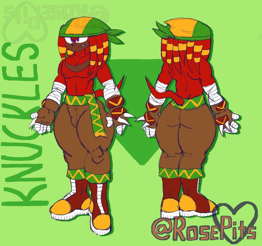 anthro boots bottomwear brown_body brown_skin bulge clothing fangs fingerless_gloves footwear fur glaring gloves handwear kerchief male pants purple_eyes red_body red_fur satchel shoes solo spikes spikes_(anatomy) taped_hands teeth rosepits sega sonic_the_hedgehog_(series) knuckles_the_echidna echidna mammal monotreme hi_res model_sheet