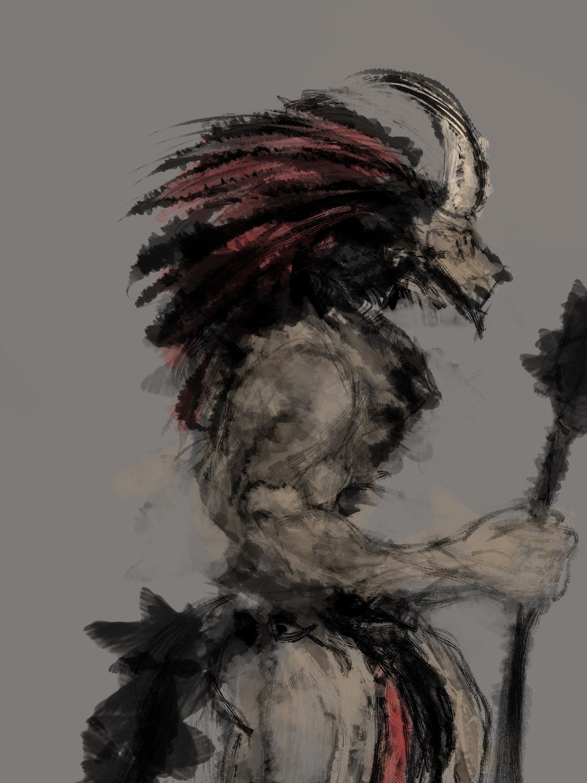 anthro big_penis bottomwear clothing genitals hair horn loincloth looking_away magic_user male mostly_nude penis penis_poking_out red_hair shaman solo staff tail tribal_spellcaster wholle ambiguous_species 2024 3:4 hi_res sketch