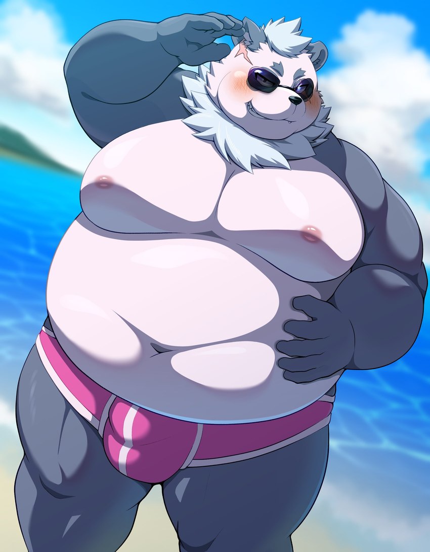 anthro belly big_belly black_body black_nose blush bulge clothing cloud eyewear kemono male moobs navel nipples outside overweight overweight_male scar smile solo sunglasses swimwear water white_body hisashiyo_0705 bear giant_panda mammal 2024 hi_res