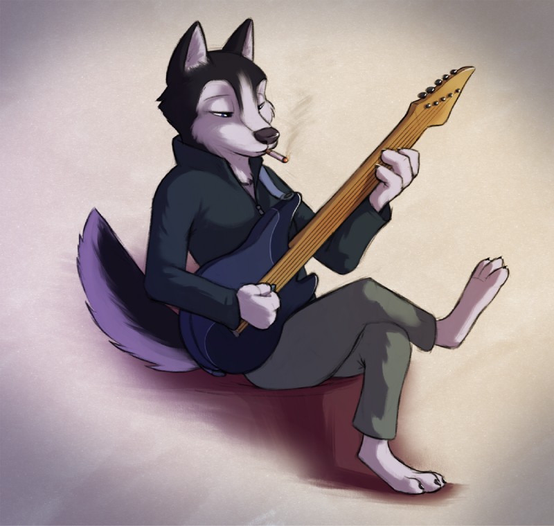 anthro cigarette clothed clothing electric_guitar guitar male musical_instrument pick_bass playing_bass playing_music plectrum plucked_string_instrument simple_background smoking string_instrument s1m canid canine canis domestic_dog husky mammal nordic_sled_dog spitz 2019