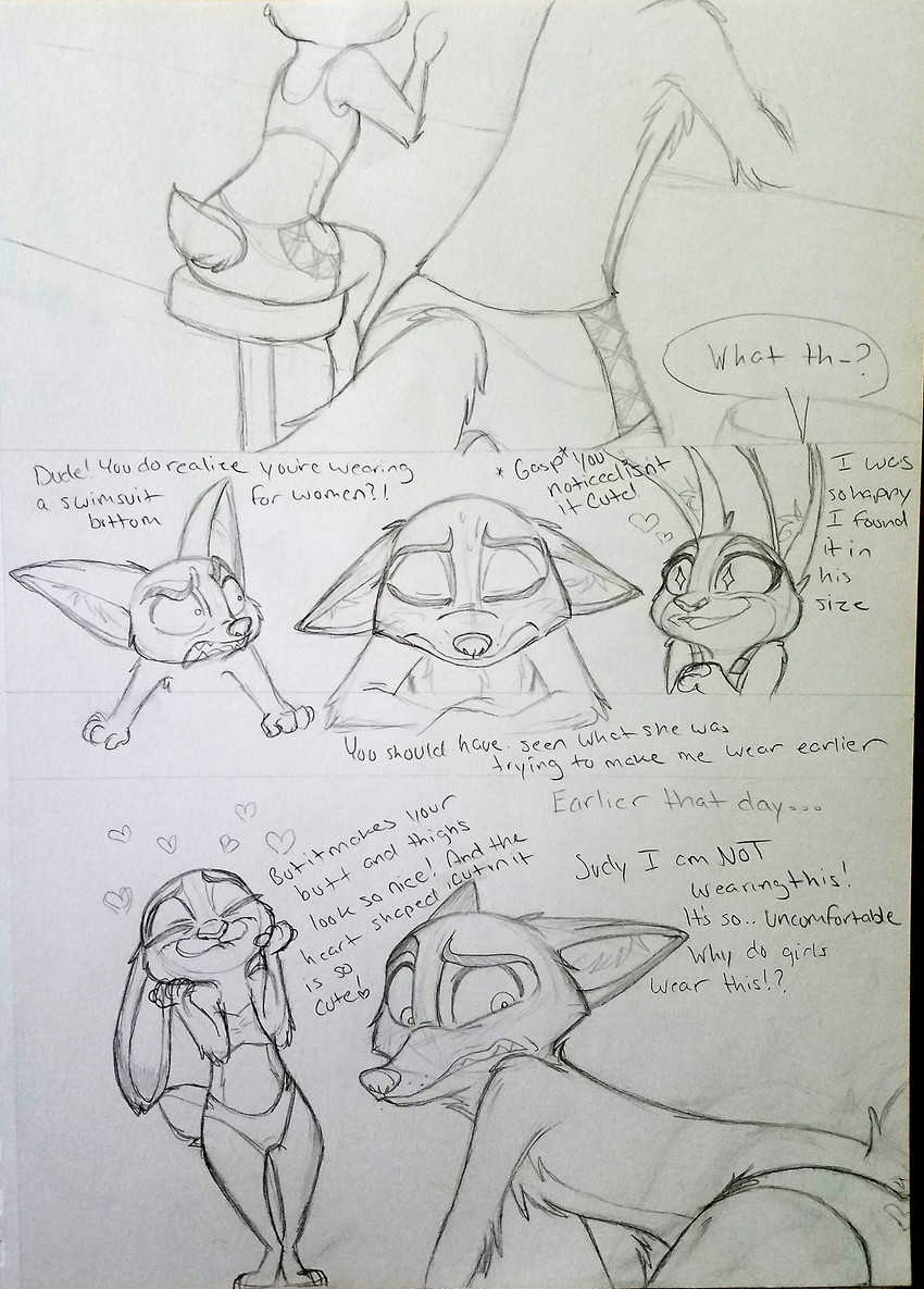 anthro bar_stool bikini blue_eyes clenched_teeth clothed clothing crossdressing dialogue duo embarrassed eyes_closed female fur furgonomics furniture group heart_symbol looking_back male scut_tail short_tail smile sparkles sparkling_eyes stool swimwear tail teeth text thick_thighs topless trio two-piece_swimsuit uncomfortable xx-junglebeatz-xx disney zootopia finnick_(zootopia) judy_hopps nick_wilde canid canine european_rabbit fennec_fox fox lagomorph leporid mammal oryctolagus rabbit red_fox true_fox black_and_white english_text hi_res monochrome
