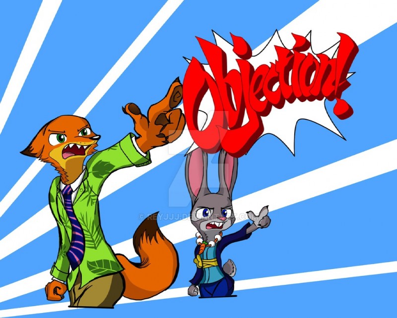 anthro clothed clothing duo female gesture hand_gesture male necktie parody pointing shirt_design simple_background text nemesis_qq-type ace_attorney capcom disney objection! zootopia judy_hopps maya_fey nick_wilde phoenix_wright canid canine fox lagomorph leporid mammal rabbit red_fox true_fox crossover distracting_watermark watermark