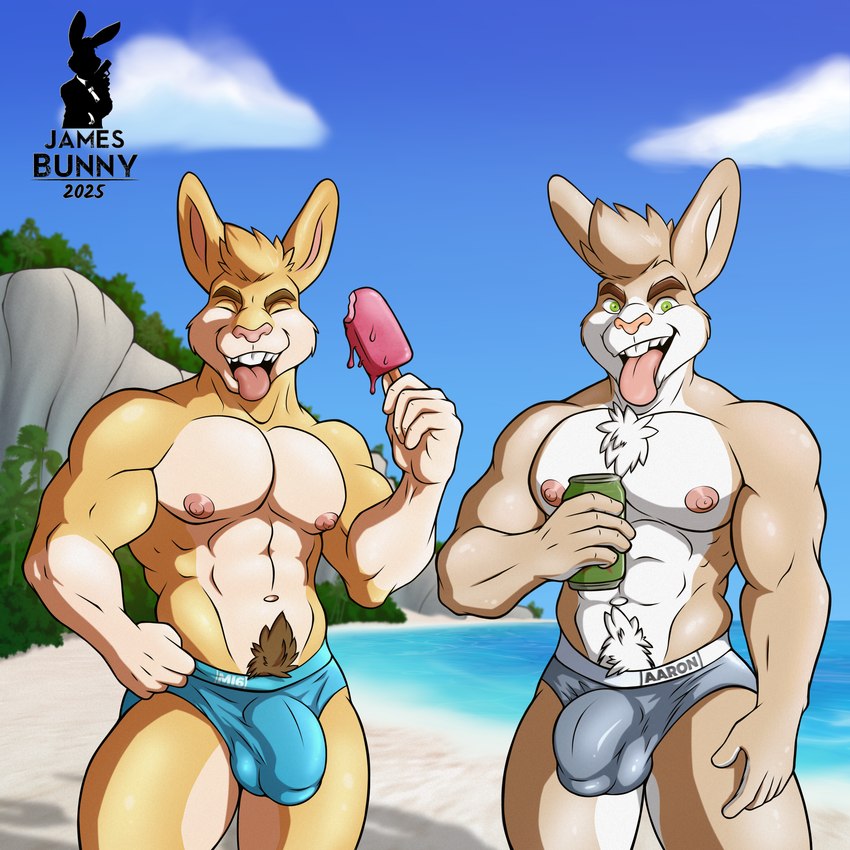 5_fingers abs anthro areola balls_outline beach big_bulge biped brown_body brown_fur bulge can clothed clothing cloud container day detailed_bulge duo eyes_closed fingers food front_view fur genital_outline green_eyes hair hand_on_hip holding_can holding_container holding_food holding_object holding_popsicle humanoid_hands male male/male male_anthro muscular muscular_anthro muscular_male nipples open_mouth outside pecs penis_outline plant popsicle pubes sand shadow short_hair standing tan_body tan_fur text tongue tongue_out topless topless_anthro topless_male tree water jamesbunny007 james_bunny mathew_porter lagomorph leporid mammal rabbit 1:1 2025 absurd_res artist_name digital_media_(artwork) hi_res portrait shaded three-quarter_portrait