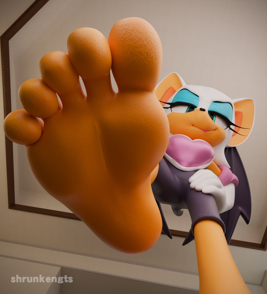 5_toes anthro barefoot blue_eyeshadow eyeshadow feet female first_person_view foot_fetish foot_focus foot_play humanoid_feet imminent_stomp looking_at_viewer makeup plantigrade soles solo toes underfoot shrunkengts sega sonic_the_hedgehog_(series) rouge_the_bat bat mammal 3d_(artwork) digital_media_(artwork) hi_res