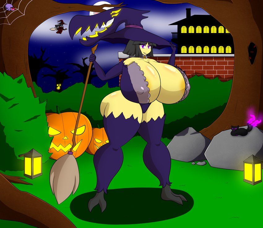 anthro big_breasts big_butt breasts butt cleavage clothed clothing female food fruit hat headgear headwear holidays huge_breasts huge_butt hyper hyper_breasts jack-o'-lantern magic_user night plant pumpkin solo witch witch_hat ultrazeta120 halloween nintendo pokemon rei_darkblade generation_3_pokemon mawile pokemon_(species) hi_res