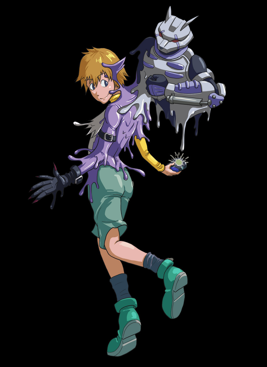 blonde_hair blue_eyes claws clothing digivice footwear gloves goo_transformation hair handwear human_to_anthro legwear looking_back male shoes smile socks solo species_transformation transformation tuft midorimushig bandai_namco digimon takeru_takaishi digimon_(species) human mammal strabimon absurd_res alpha_channel hi_res