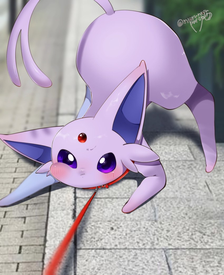 acting_like_a_dog ambiguous_feral ambiguous_gender ass_up blue_inner_ear blush cheek_tuft collar day detailed_background face_squish facial_tuft feral forehead_gem forked_tail front_view fur gem glistening glistening_eyes kemono leash leash_pull leashed_collar looking_at_viewer monotone_body monotone_fur monotone_tail no_sclera outside photo_background pupils purple_body purple_ears purple_eyes purple_fur purple_pupils purple_tail quadruped solo squish tail three-quarter_view tuft unusual_anatomy unusual_tail walkies nurunuruparty26 nintendo pokemon eeveelution espeon felid feline generation_2_pokemon mammal pokemon_(species) 2024 colored digital_media_(artwork) full-length_portrait hi_res photography_(artwork) portrait shaded signature