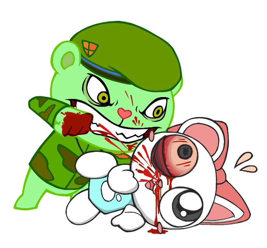 abuse anthro blood blood_stain bloodshot_eyes bodily_fluids bow_(feature) duo female gore heart_nose heart_symbol male nosebleed pink_nose simple_background white_background white_body la_cocotua happy_tree_friends pretty_blood fliqpy_(htf) rinny_(pretty_blood) bear mammal