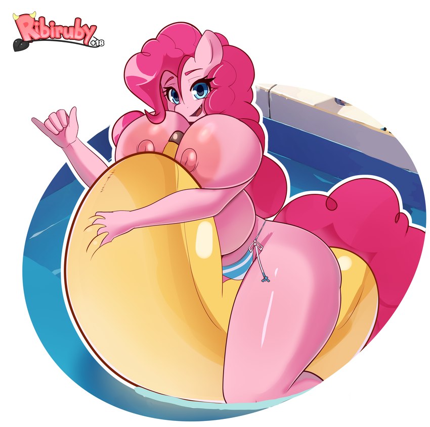 anthro anthrofied areola big_breasts bikini breasts clothed clothing female hair huge_breasts nipples pink_areola pink_hair pink_nipples side-tie_bikini solo string_bikini swimwear topless two-piece_swimsuit ribiruby friendship_is_magic hasbro my_little_pony pinkie_pie_(mlp) equid equine horse mammal pony absurd_res hi_res