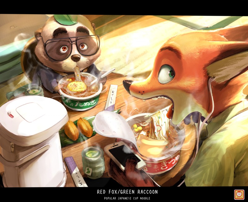 anthro clothed clothing duo eyewear food fur glasses male noodles ramen text gidora_(artist) disney zootopia michael_tanuyama nick_wilde canid canine fox mammal raccoon_dog red_fox tanuki true_fox 2017 english_text hi_res