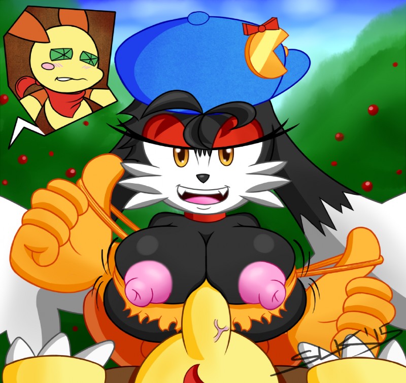 anthro big_breasts bra breast_play breasts clothing crossgender duo female genitals huge_breasts male nipples penis puffy_nipples sex tight_clothing titfuck underwear slickehedge bandai_namco klonoa_(series) klonoa popka canid canine canis domestic_cat domestic_dog felid feline felis mammal 2015