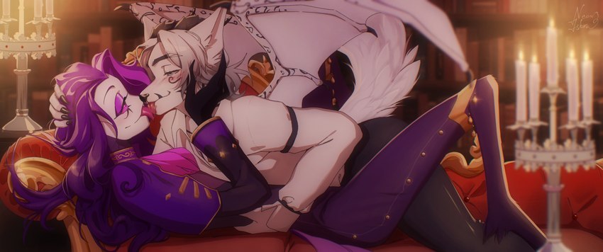 anthro candle clothing duo furniture hair kissing licking_tongue long_hair male purple_hair shirt sofa tongue topwear white_hair wings neon-chan canid canine fox mammal hi_res