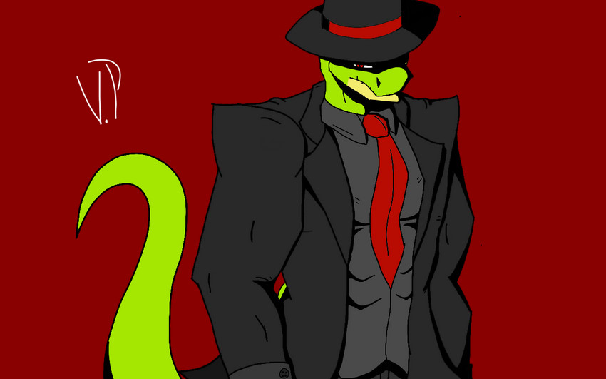 anthro black_tie_(suit) clothing fedora green_body green_skin hat headgear headwear male muscular necktie red_necktie suit vamrack spoctor_theory humanoid lizard reptile scalie 16:10 widescreen