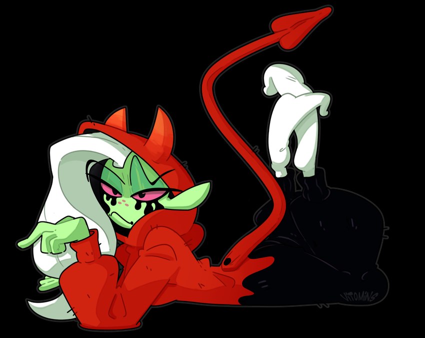 breasts clothed clothing costume eyebrows female fingers footwear freckles green_body green_skin hair hood humanoid_pointy_ears long_hair lying narrowed_eyes noseless not_furry on_front pink_sclera pointy_ears socks solo white_hair vitomins disney wander_over_yonder lord_dominator alien alien_humanoid humanoid absurd_res alternate_version_at_source hi_res signature