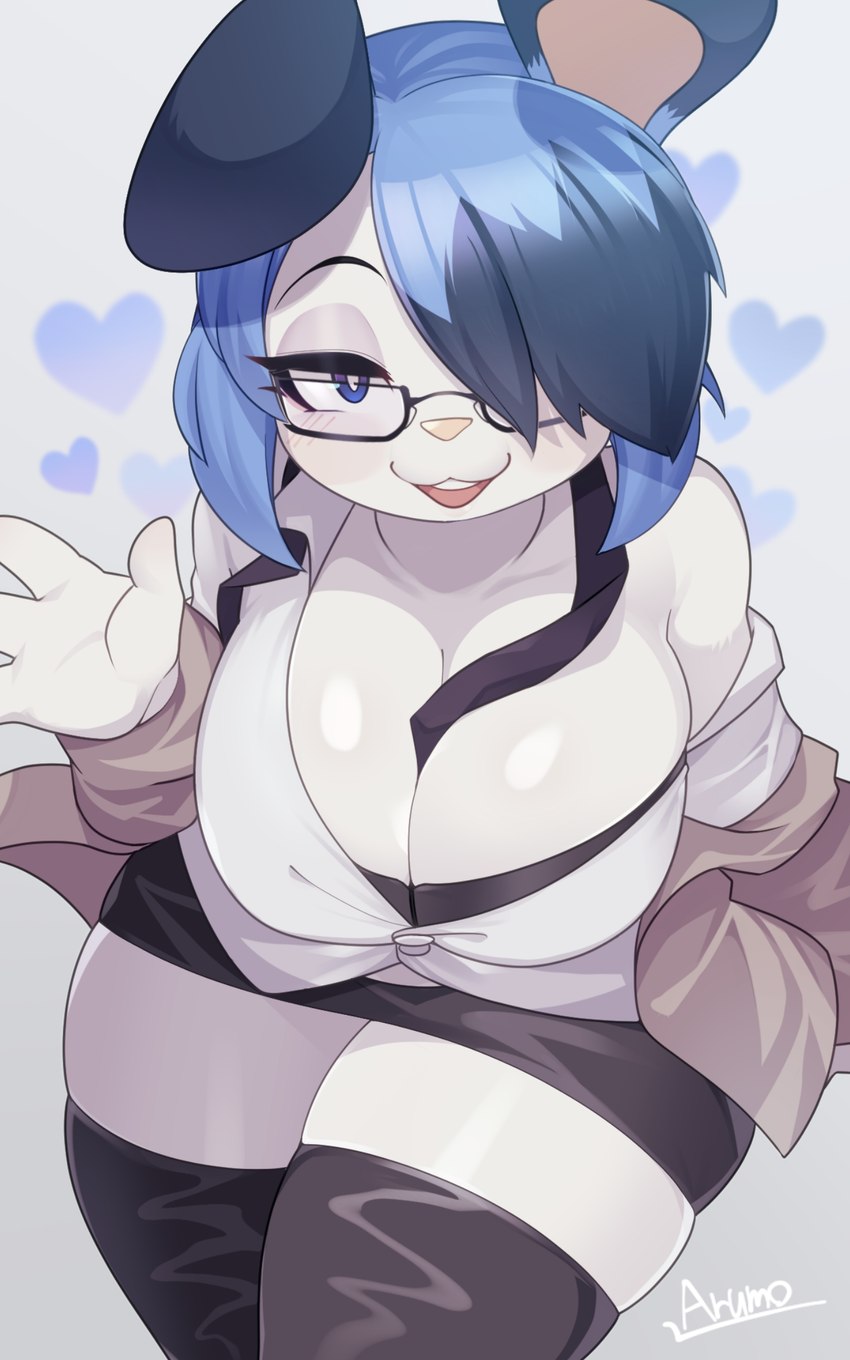 anthro big_breasts black_bottomwear black_clothing black_skirt blue_eyes blue_hair blush bottomwear breasts clothing eyewear female glasses hair heart_symbol legwear open_mouth rectangular_glasses shirt simple_background skirt smile solo stockings topwear white_background arumo mammal rodent 2023 5:8 absurd_res hi_res