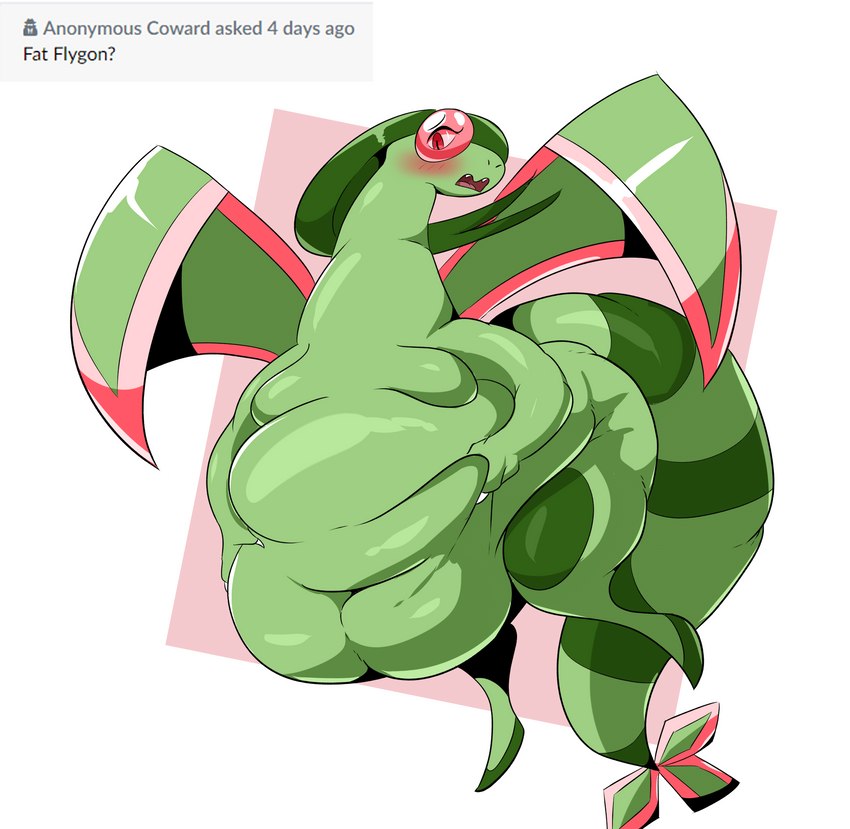 anthro belly blush eyebrows female feral green_body looking_at_viewer obese obese_anthro obese_female open_mouth overweight overweight_anthro overweight_female raised_inner_eyebrows red_eyes simple_background solo tail text thick_tail wings veryfilthything mythology nintendo pokemon dragon flygon generation_3_pokemon mythological_creature mythological_scalie pokemon_(species) reptile scalie 2022 absurd_res english_text hi_res