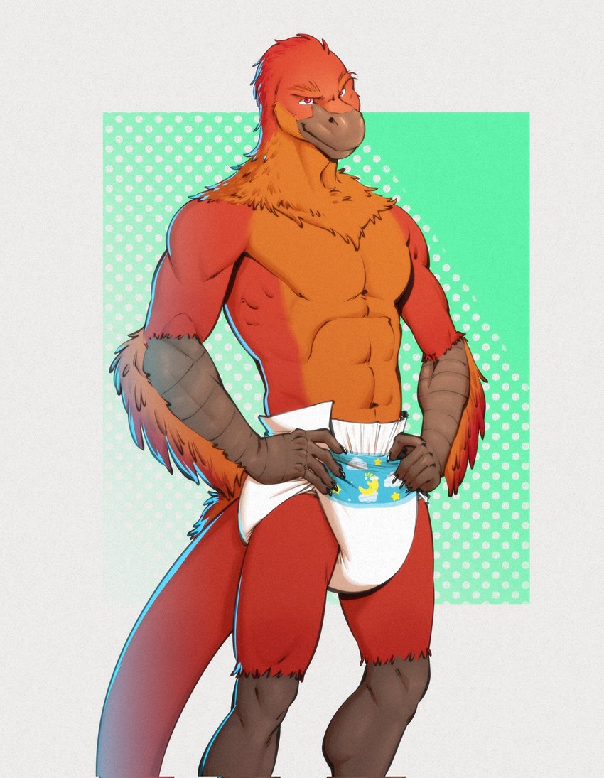 abs anthro athletic athletic_anthro athletic_male clean_diaper clothed clothing diaper diaper_only feather_hair feather_mane feathers feet hands_on_hips male orange_body orange_feathers pink_eyes pseudo_hair pseudo_mane red_body red_feathers solo talon_hands talons toes topless wearing_diaper syeenyeen dinosaur feathered_dinosaur feathered_scalie prehistoric_species reptile scalie 2024 hi_res