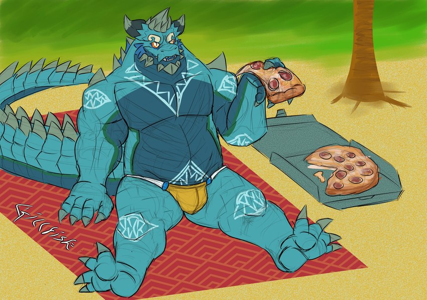 anthro beach belly bulge claws clothing eating food green_body horn male musclegut muscular pecs pizza seaside solo speedo swimwear tail dragon94fish lifewonders mythology tokyo_afterschool_summoners cipactli_(tas) dragon mythological_creature mythological_scalie scalie hi_res