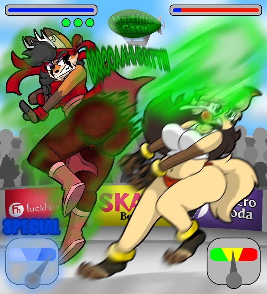 accessory advertisement angry anthro antlers battle belly big_butt bodily_fluids bottomwear breasts butt clenched_teeth clothing duo eyeshadow fart fart_cloud fart_fetish farting_on_another female female/female fight fighting_pose gameplay_mechanics gui hair headband health_bar horn logo makeup navel onomatopoeia pose simple_background slightly_chubby slightly_chubby_female sound_effects tail tears teeth text topwear transparent_background martini_gasu dripdry lotus_lafawn canid canine canis deer jackal mammal 2021 alpha_channel artist_logo artist_name english_text