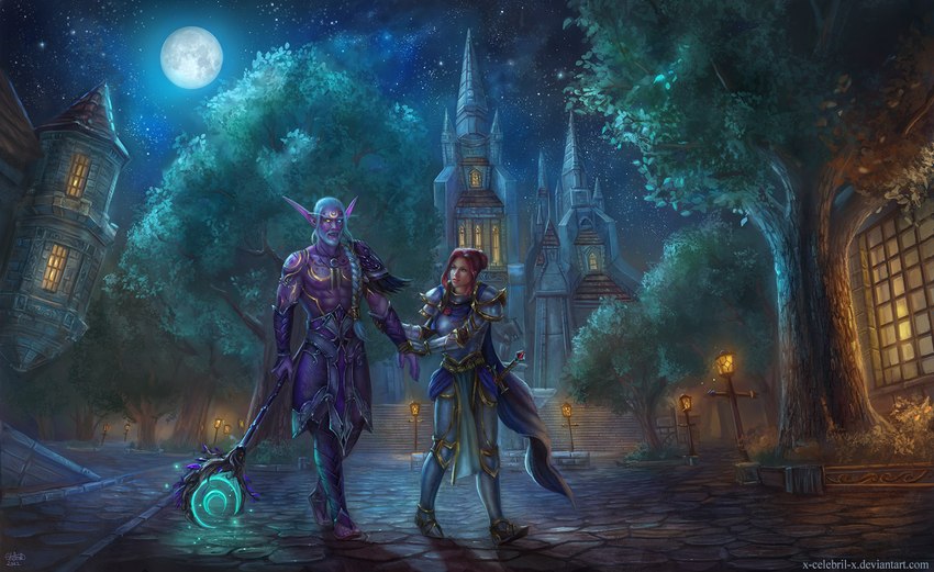 abs detailed_background duo eyebrows eyelashes leaf night open_mouth outside plant purple_body purple_skin sky star starry_sky streets teeth text tongue tree x-celebril-x blizzard_entertainment warcraft elf human humanoid mammal night_elf 2022 digital_media_(artwork) hi_res url